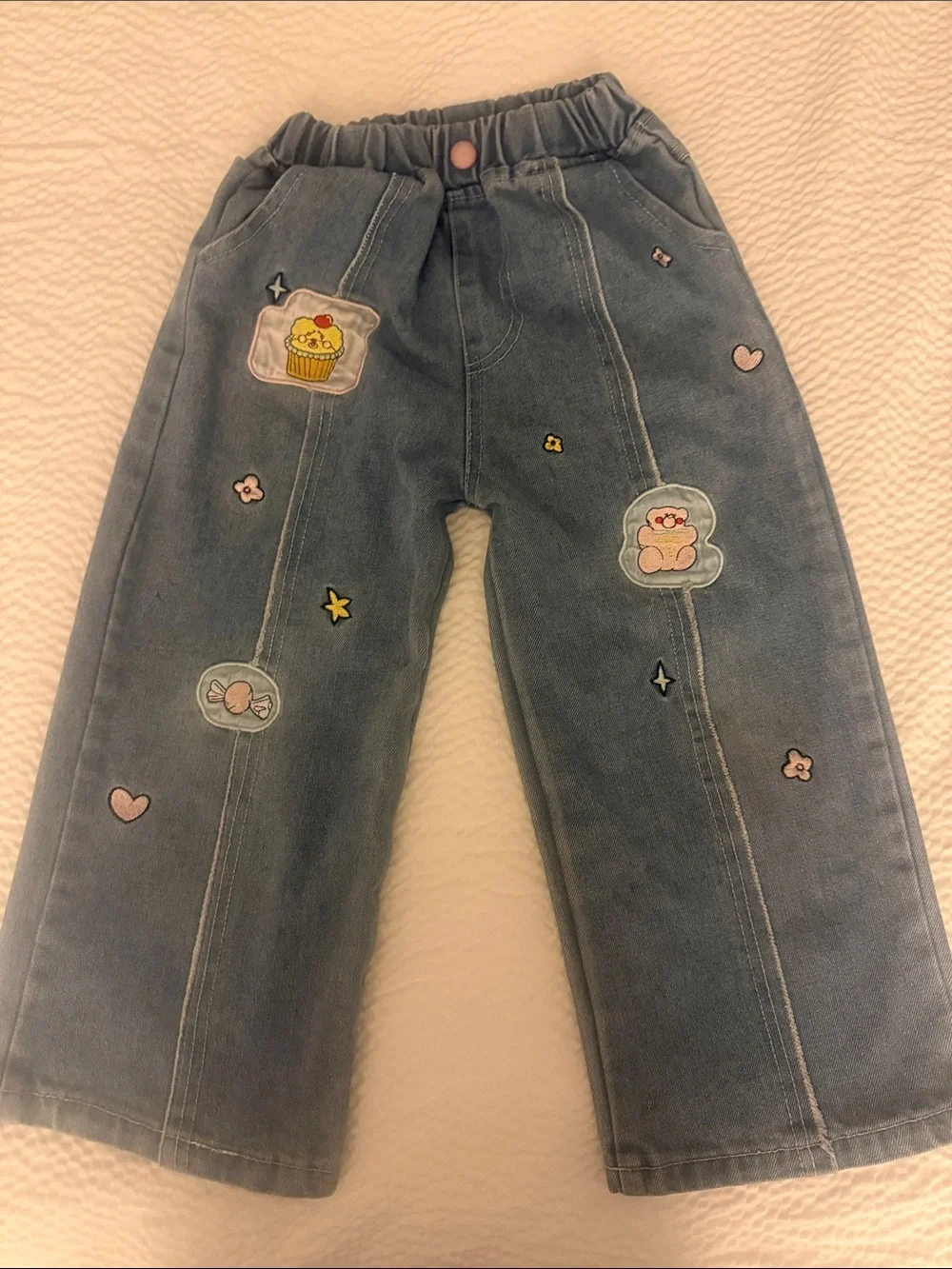 Kids Blue Denim Patchwork wide leg Pants with Cute Embroidered Details